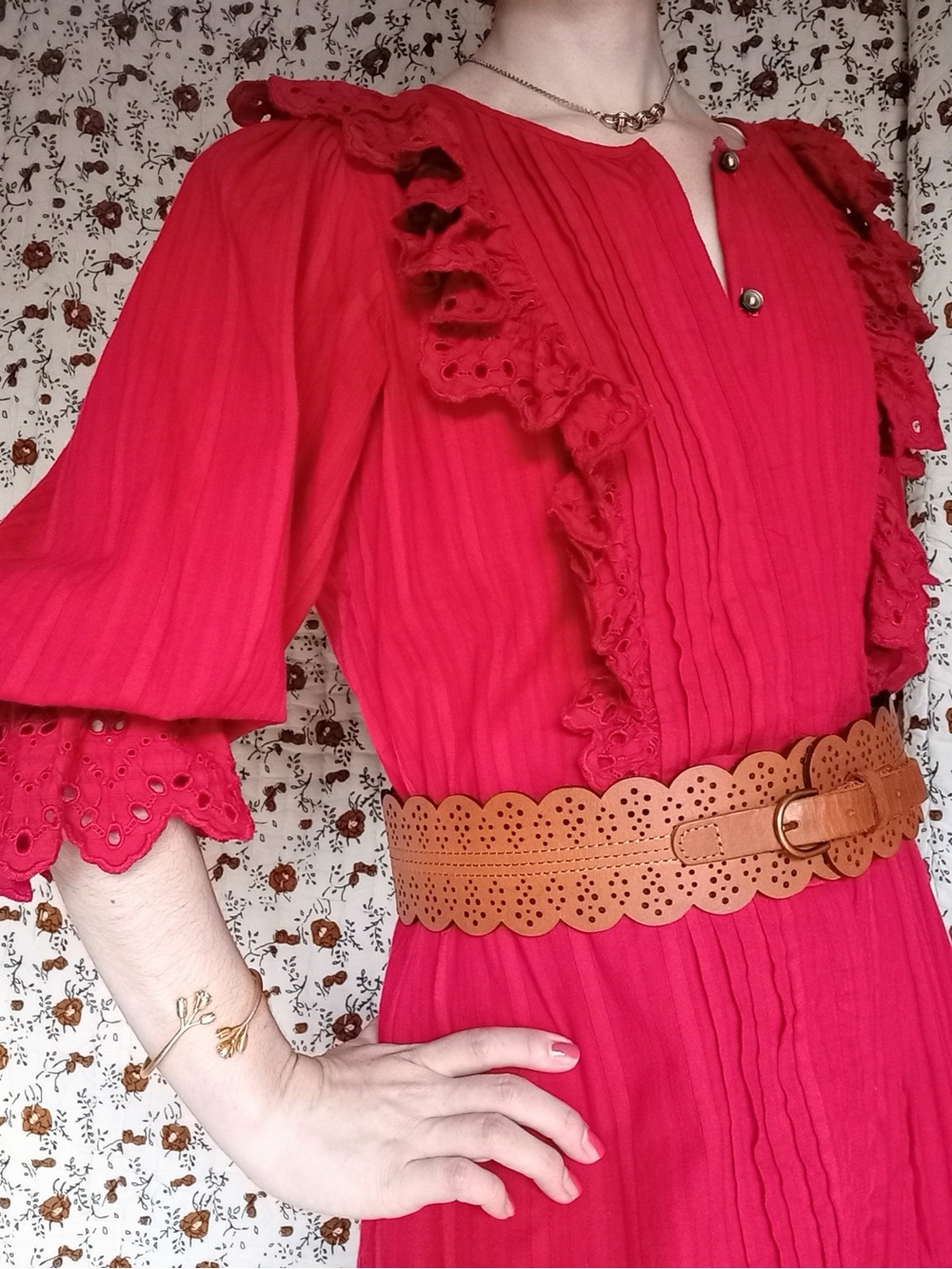 Anthro ❉ Scalloped Faux Leather Wide Brown Belt Size S/M